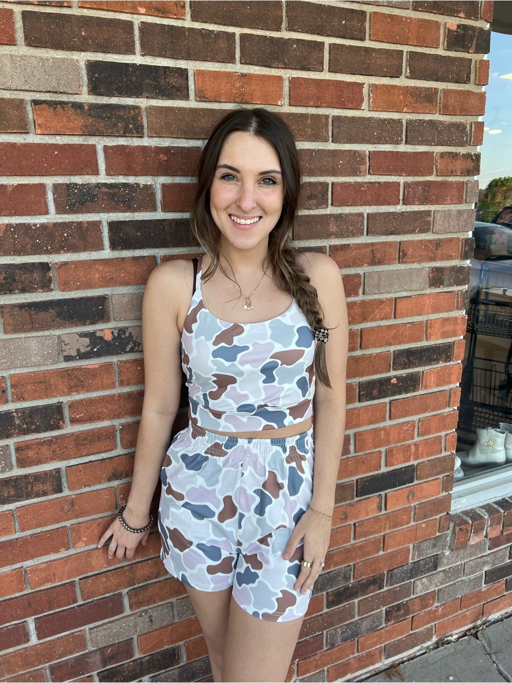 Camo Print Crop Tank & Shorts Set - White, Gray, Brown